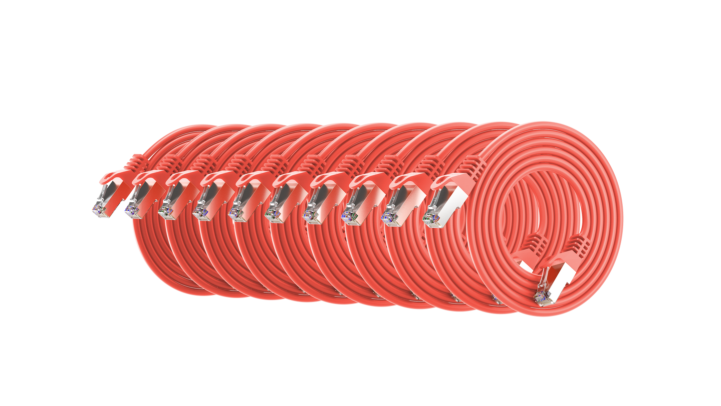 Cat6a Slim Shielded Patch Cable, 30AWG, 10G, Pure Bare Copper, Snagless RJ45, Flex Series Ethernet Cable Red Pack of 10