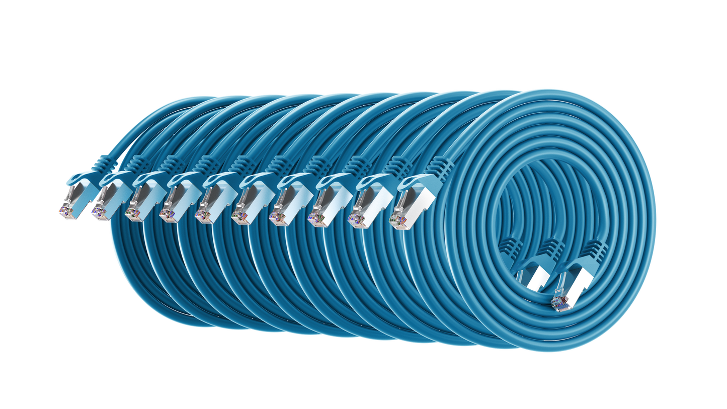 Cat6a Patch Cable, S/FTP, 26AWG, 10G, Pure Bare Copper, Snagless RJ45, Bend Series Ethernet Cable Blue Pack of 10