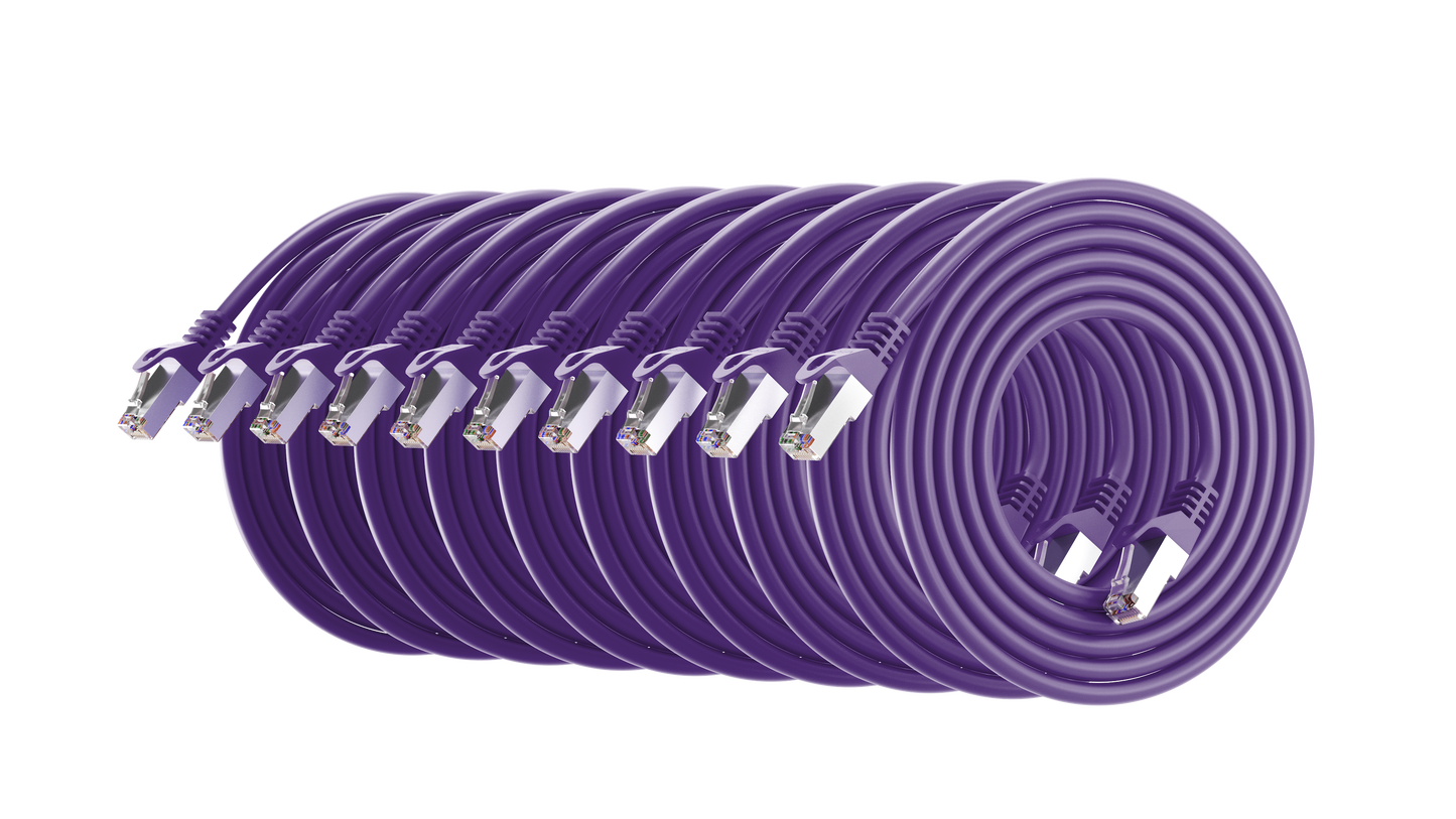 Cat6a Patch Cable, S/FTP, 26AWG, 10G, Pure Bare Copper, Snagless RJ45, Bend Series Ethernet Cable Purple Pack of 10