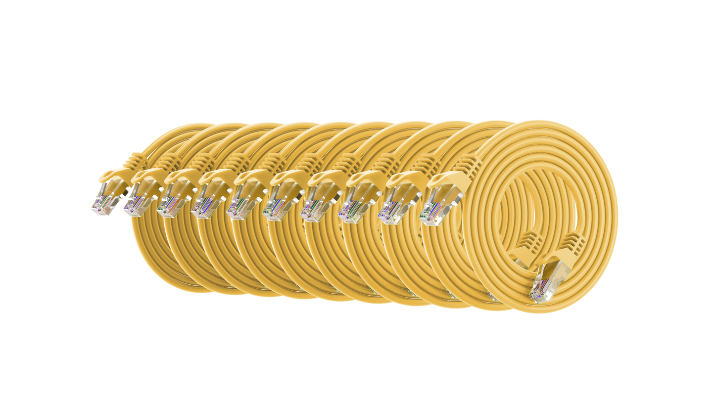 CAT6 Patch Cable, UTP, 24AWG, 550MHz, Pure Bare Copper, Snagless RJ45, Bend Series Ethernet Yellow Pack of 10